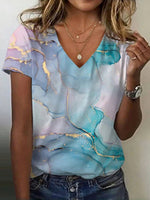 Gradient Color V-neck Short Sleeve Casual Loose T-Shirt