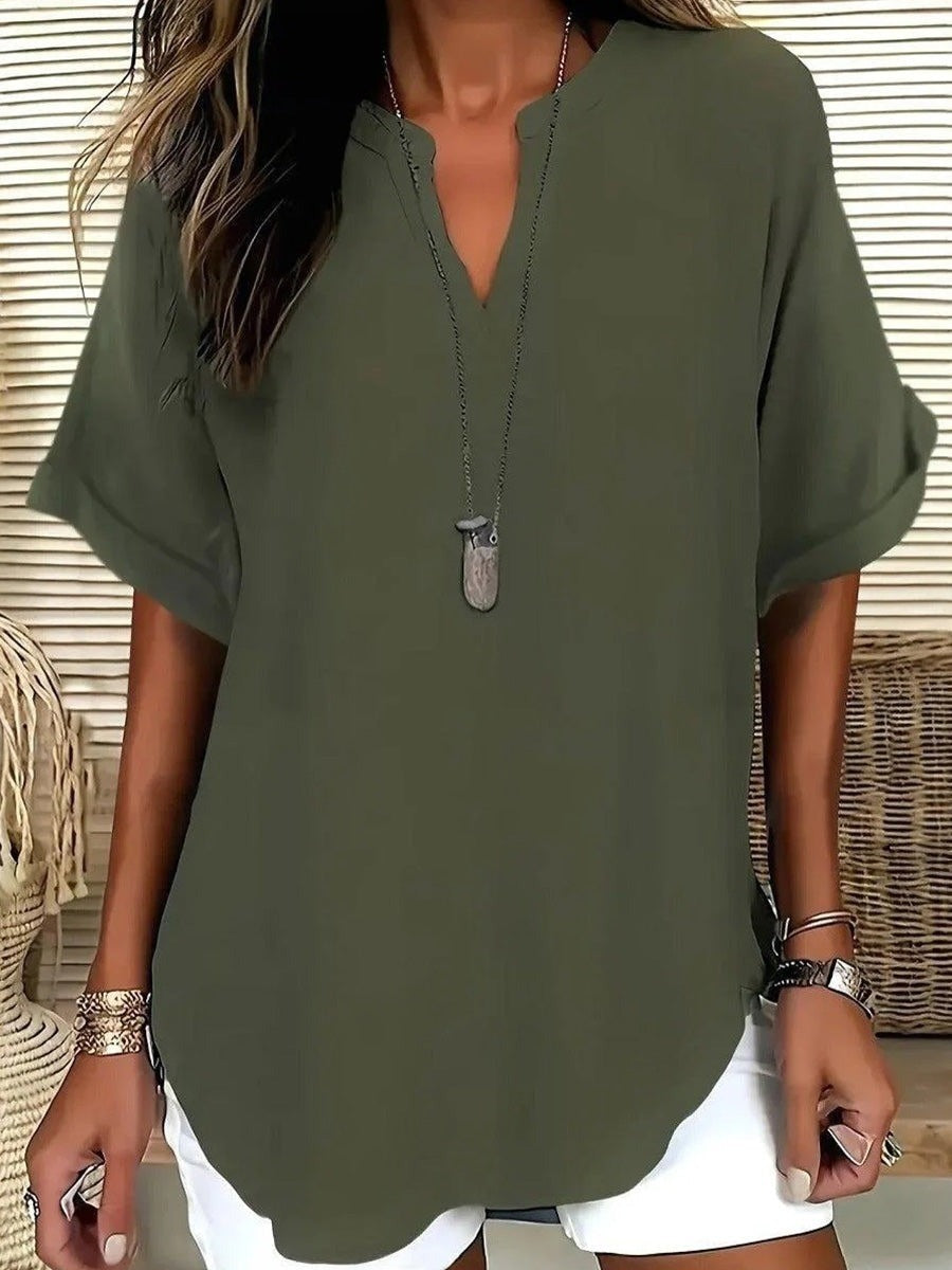 Special Plain V-Neck Short Sleeve Loose Comfy Blouse
