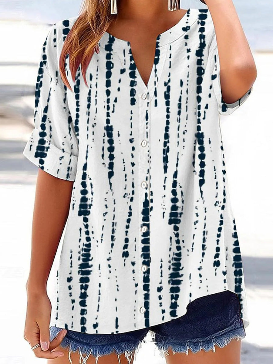 Stylish Geometric Print V-Neck Short Sleeve Casual Blouse