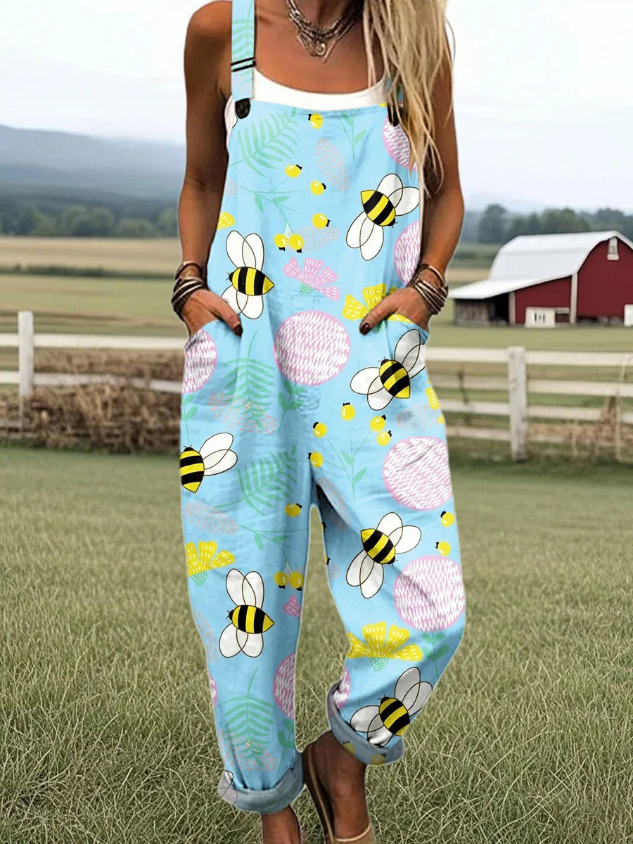 Cute Bee Art Print Wide Strap Side Pocket Casual Wide Leg Jumpsuit