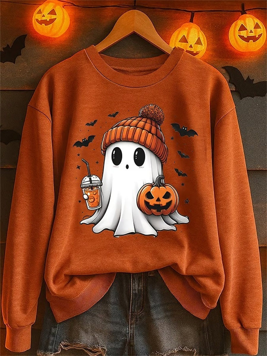 Halloween Print Round Neck Long Sleeve Casual Loose Sweatshirt
