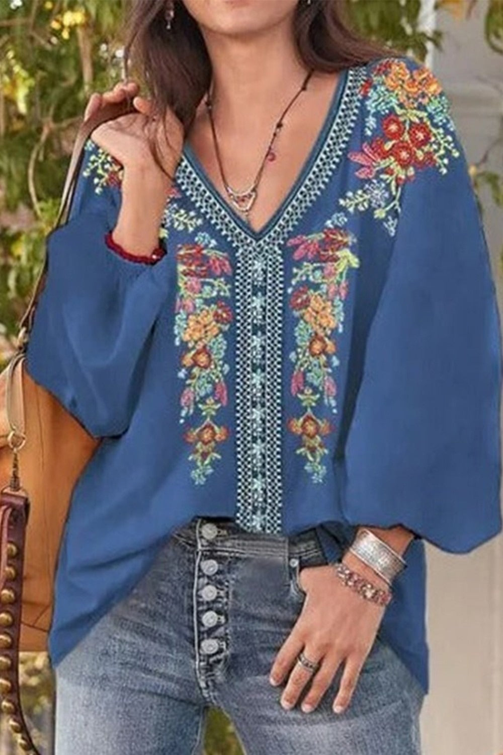 Blue Graphic Tops V-neck Long Sleeve Floral Printed Casual Blouse