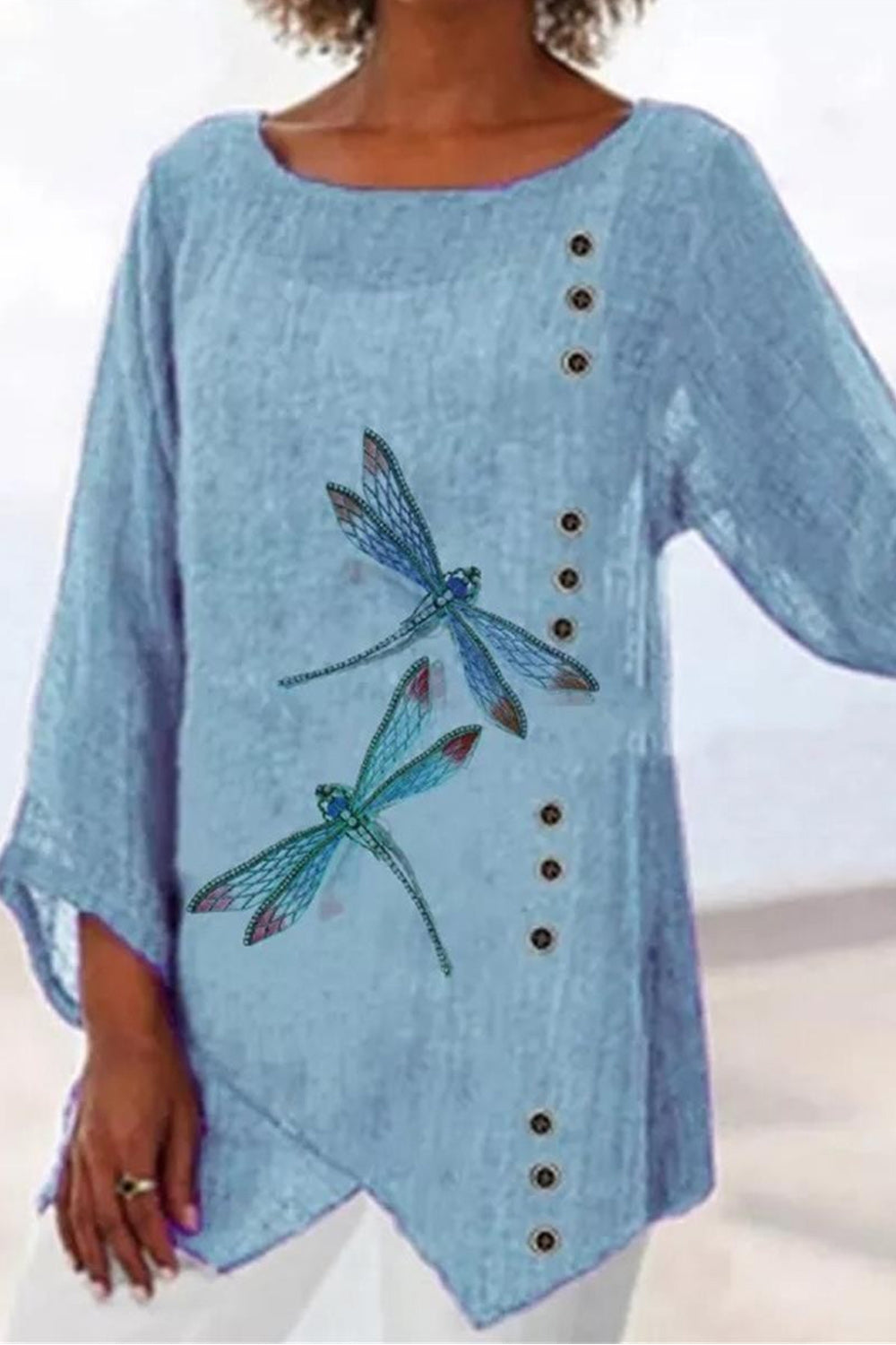 Blue Round Neck Dragonfly Printed Casual Long Sleeve Blouse