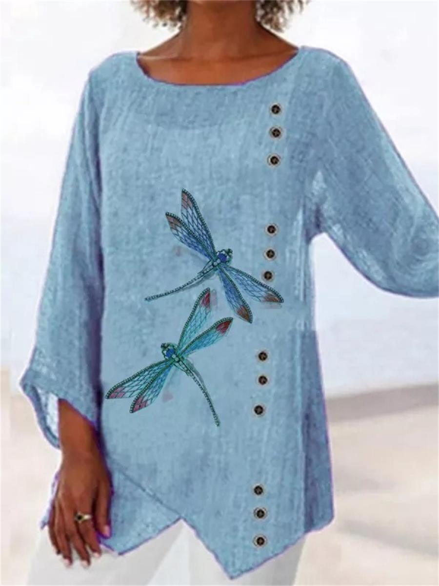 Blue Round Neck Dragonfly Printed Casual Long Sleeve Blouse