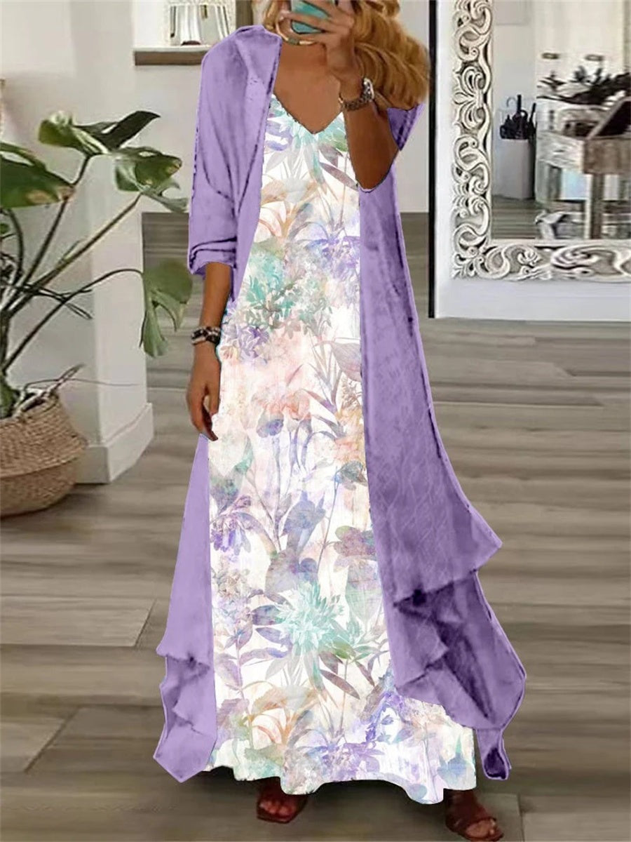 Purple Floral Print V-neck Long Sleeve Comfy Two Pieces Maxi Dress