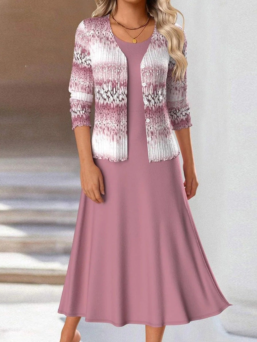 Sweet Pink Crew Neck Long Sleeve Midi Dress With Gradient Jacket