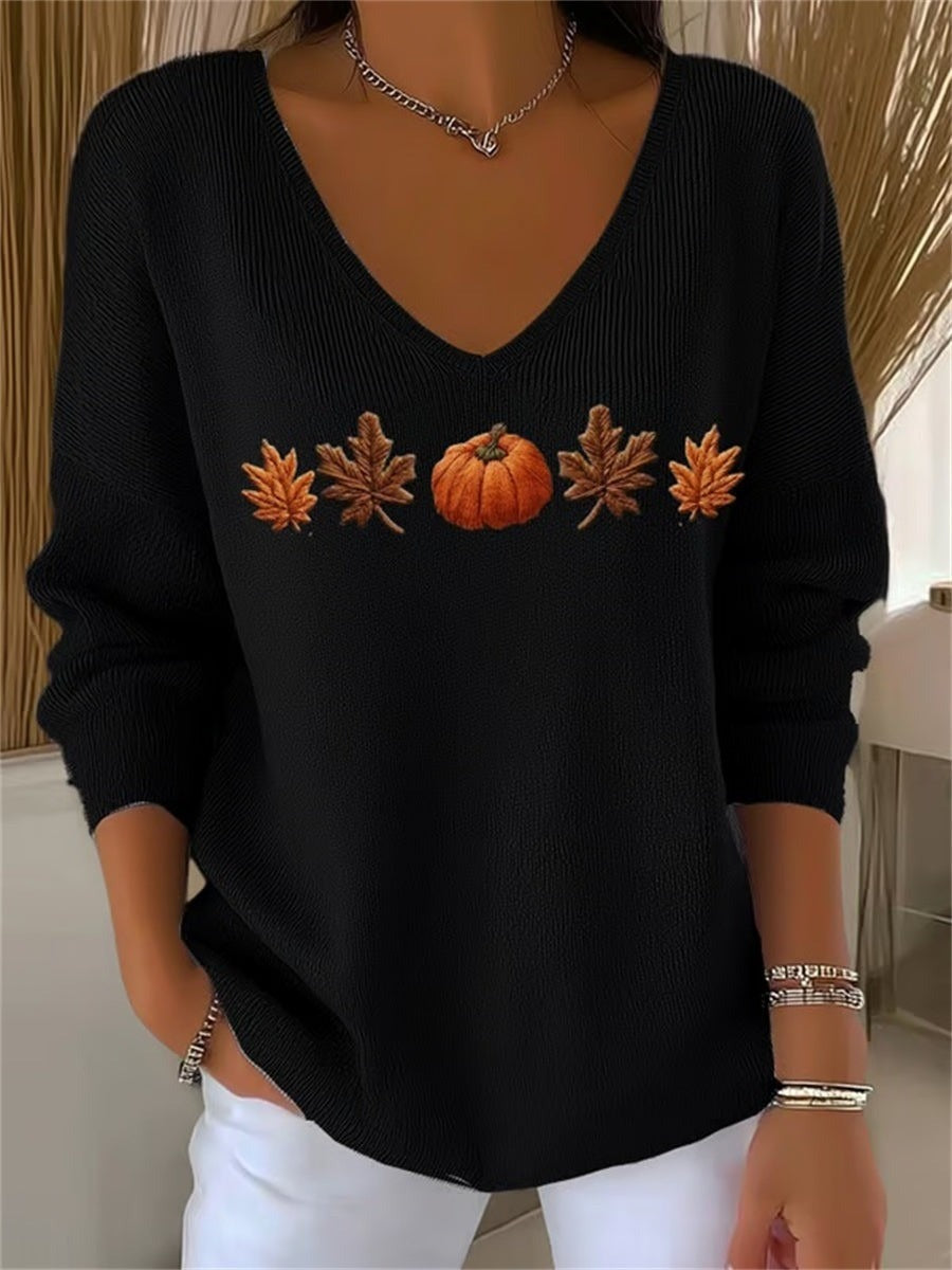 Autumn Maple Leaf and Pumpkin Print Long Sleeve V-Neck Casual Sweatshirt