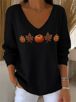 Autumn Maple Leaf and Pumpkin Print Long Sleeve V-Neck Casual Sweatshirt