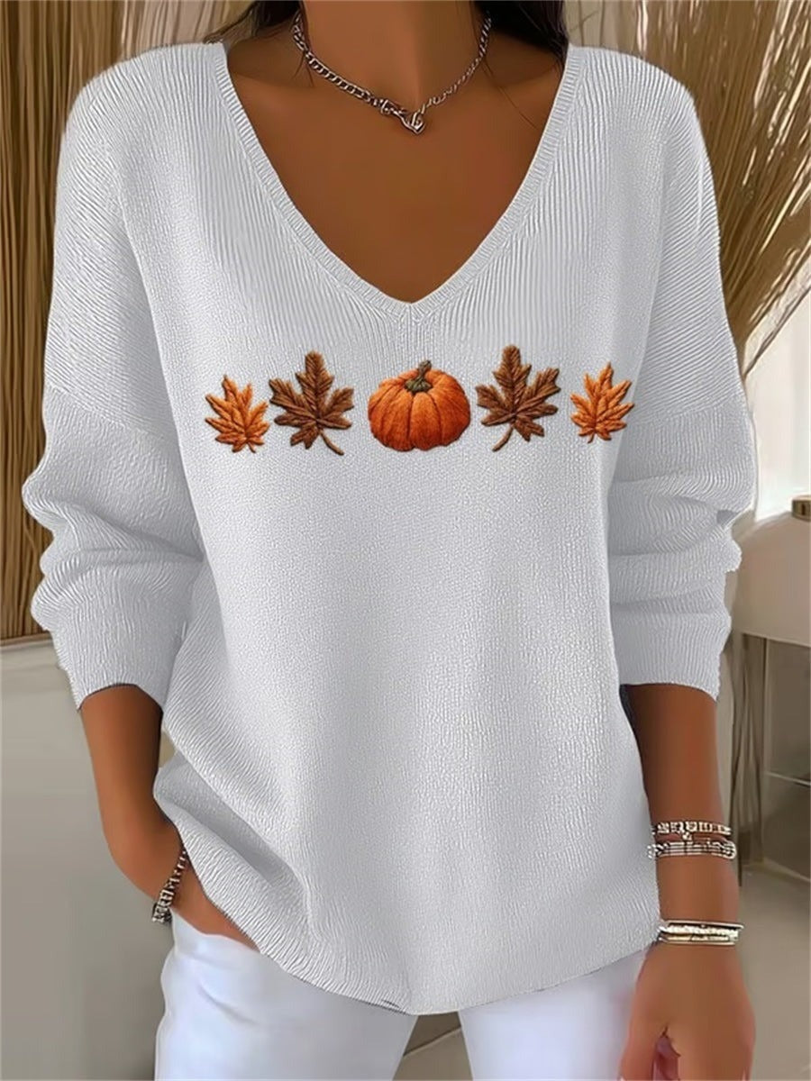 Autumn Maple Leaf and Pumpkin Print Long Sleeve V-Neck Casual Sweatshirt