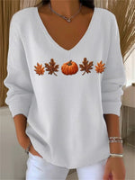 Autumn Maple Leaf and Pumpkin Print Long Sleeve V-Neck Casual Sweatshirt