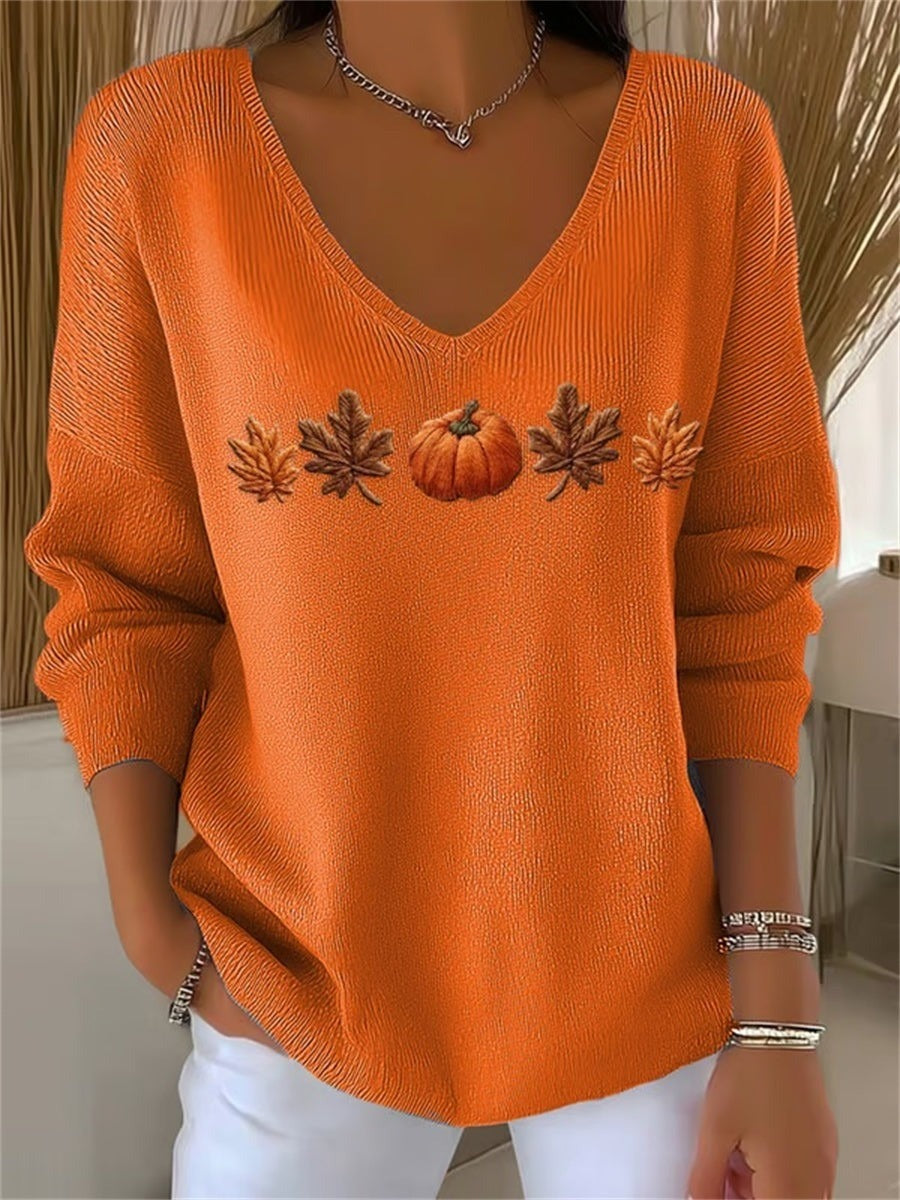 Autumn Maple Leaf and Pumpkin Print Long Sleeve V-Neck Casual Sweatshirt