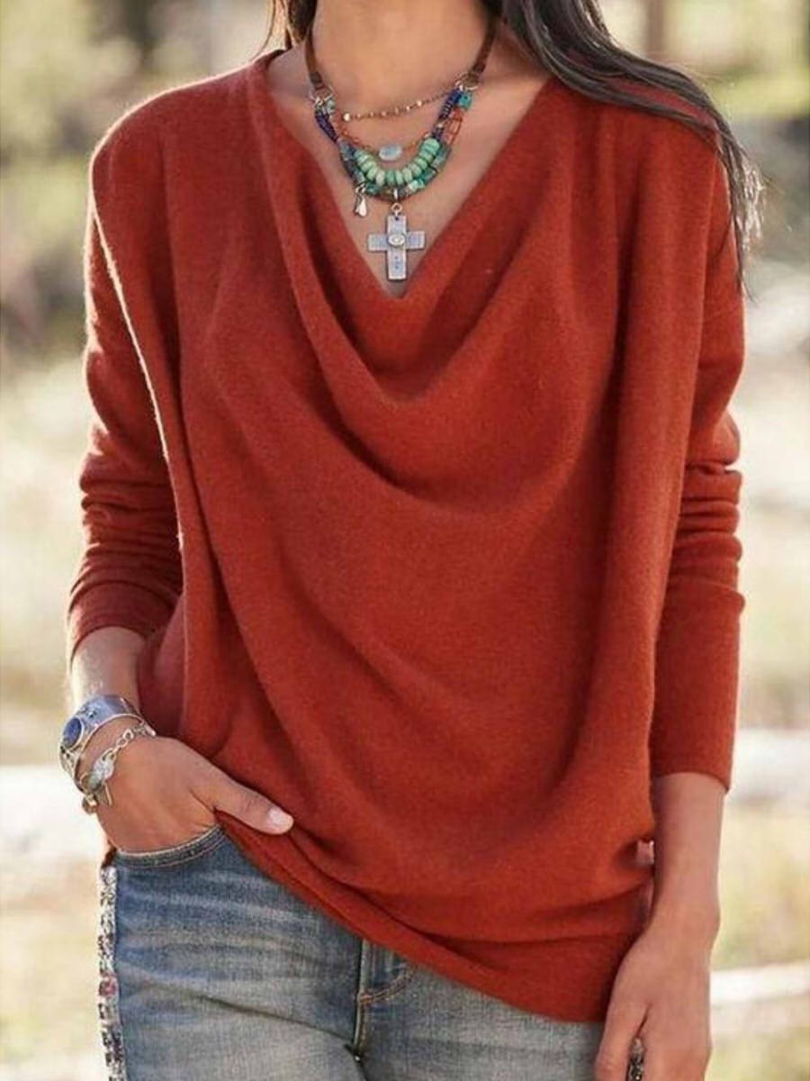 Solid Color V-neck Long Sleeve Comfy Casual Blouse
