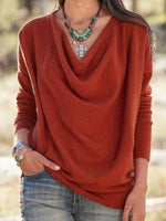 Solid Color V-neck Long Sleeve Comfy Casual Blouse