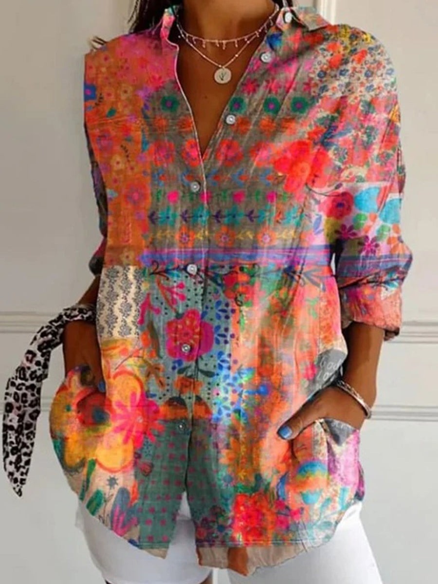 Abstract Floral Print Lapel Long Sleeve Casual Blouse