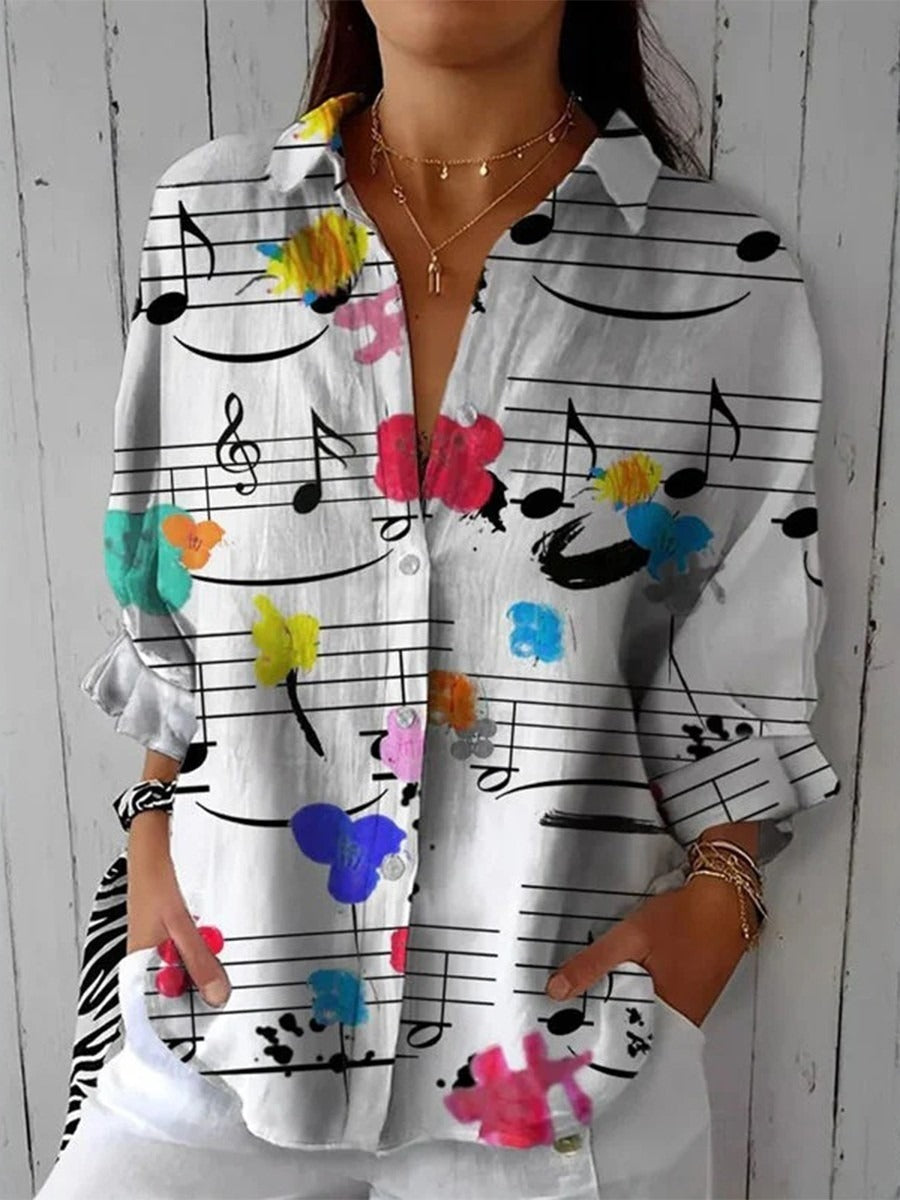 Vintage Music Note Pattern V-neck Long Sleeve Blouse