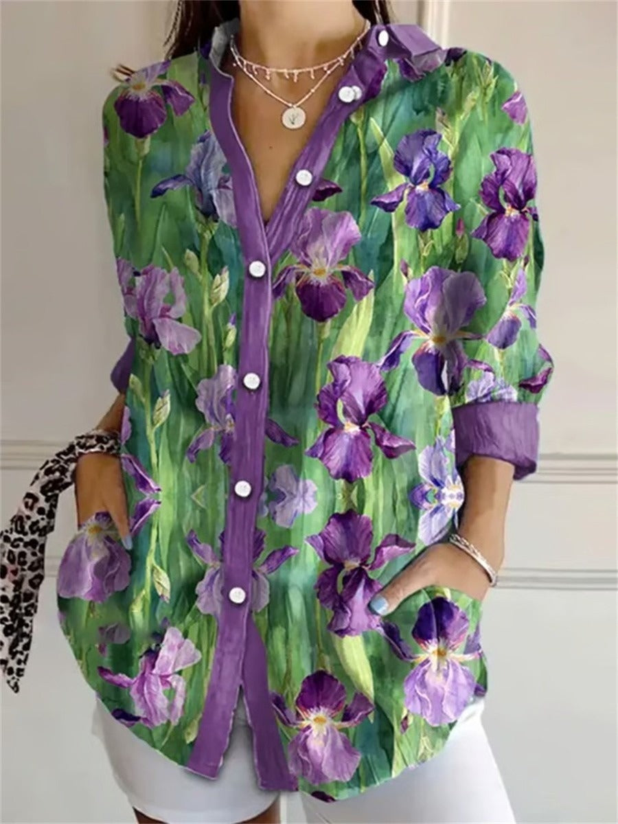 Purple Floral Art Print V-neck Long Sleeve Tops