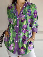 Purple Floral Art Print V-neck Long Sleeve Tops