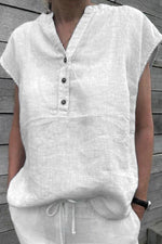 White V Neck Button-Embellished Cotton Sleeveless Casual Shirt