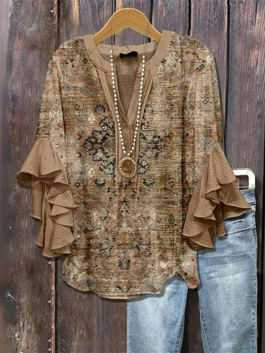 Vintage V-neck 3/4 Sleeve Blouse