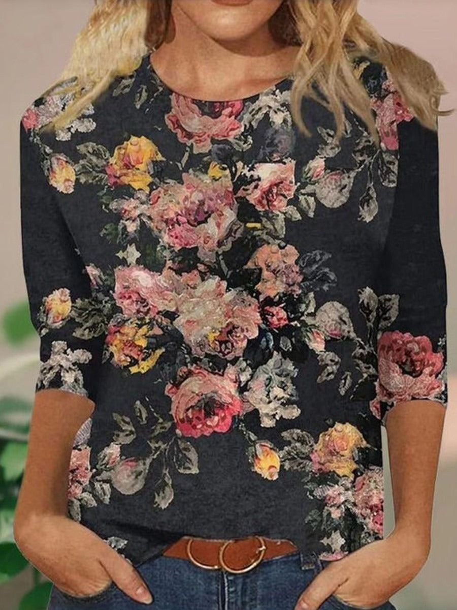 Vintage Floral Print Round Neck Long Sleeve Blouse