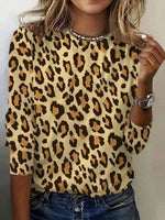 Chic Leopard Print Crew Neck Long Sleeve Comfy Casual T-Shirt