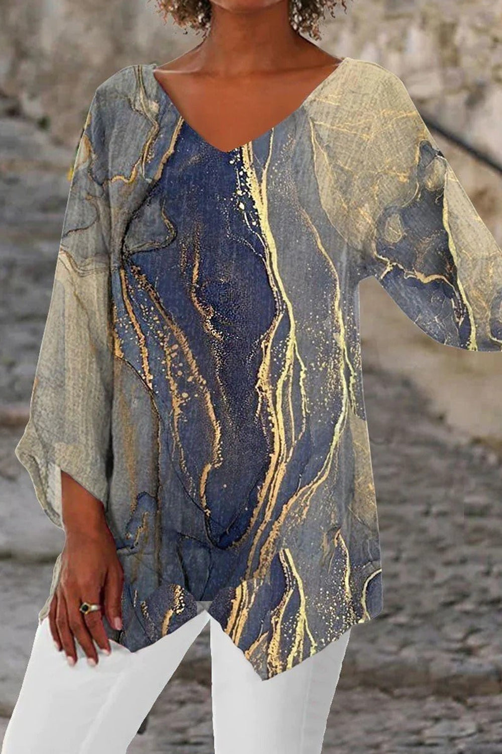 V Neck Marble Print Vintage Casual Long Sleeve Blouse