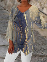 V Neck Marble Print Vintage Casual Long Sleeve Blouse
