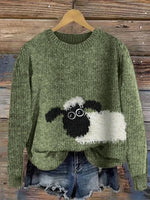Cute Sheep Print Round Neck Long Sleeve Casual Comfy Sweater