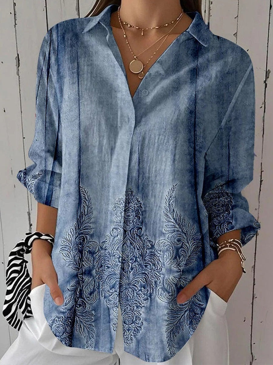 Blue Floral Print Lapel 3/4 Sleeve Casual Daily Blouse