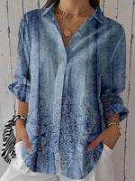 Blue Floral Print Lapel 3/4 Sleeve Casual Daily Blouse