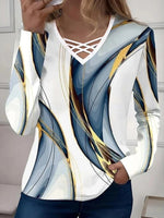Abstract Print V-Neck Long Sleeve Casual Blouse with Crisscross Detail