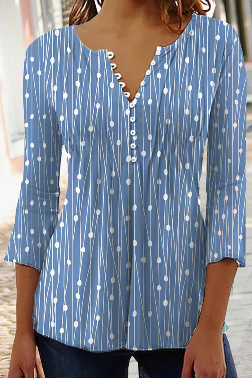 Geometric Polka Dots V-neck 3/4 Sleeves Casual Blouse