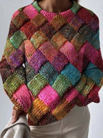 Showy Multicolor Color Block Round Neck Long Sleeve Casual Sweater