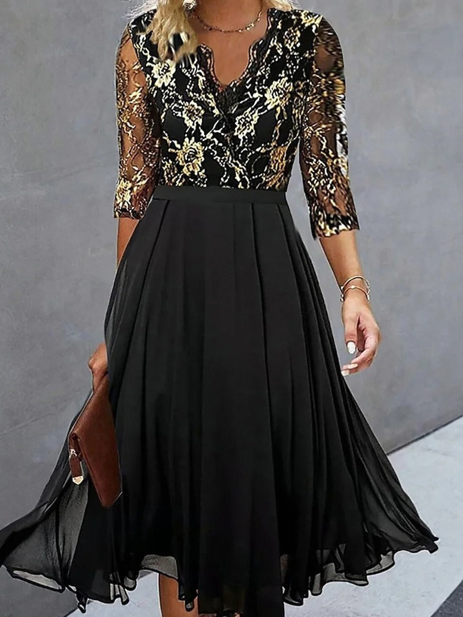 Black Lace Floral Embroidery V-Neck 3/4 Sleeve Elegant Midi Dress