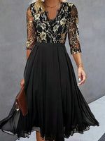 Black Lace Floral Embroidery V-Neck 3/4 Sleeve Elegant Midi Dress