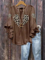 Leopard Heart Print V-neck Frill 3/4 Sleeve Casual Blouse