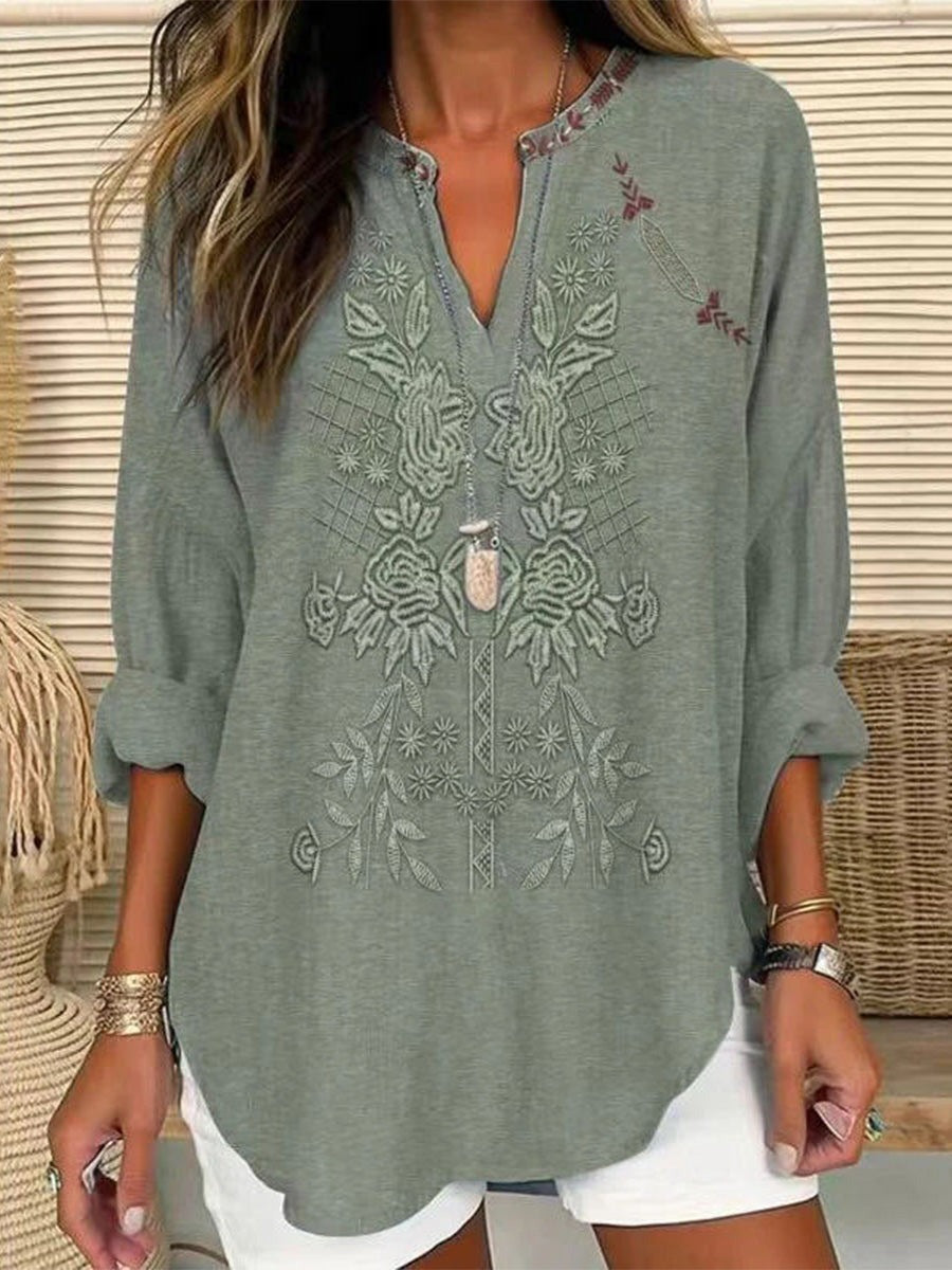 Floral Print V-neck Long Sleeve Loose Comfy Blouse