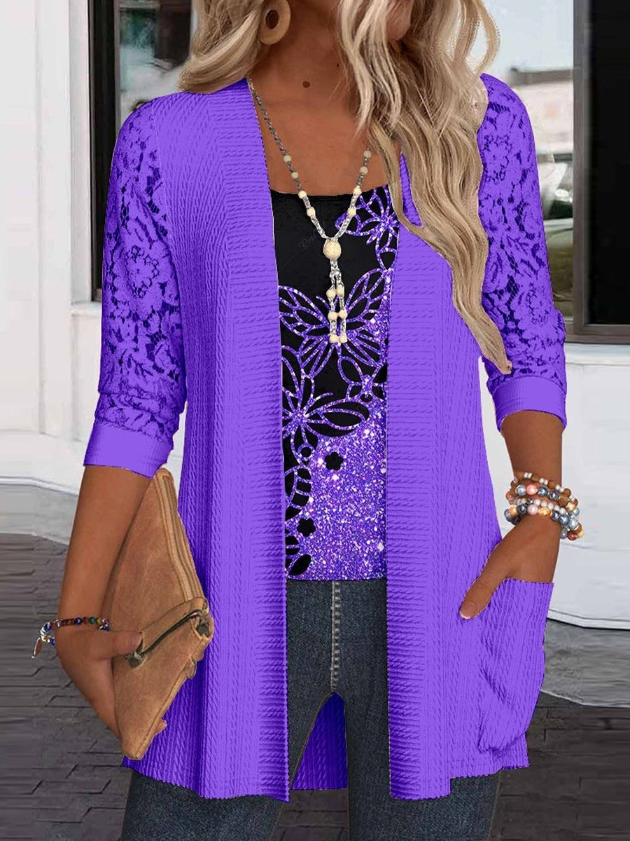 Elegant Butterfly Print Two Piece Lace Cardigan Set with Sparkle Tank Top