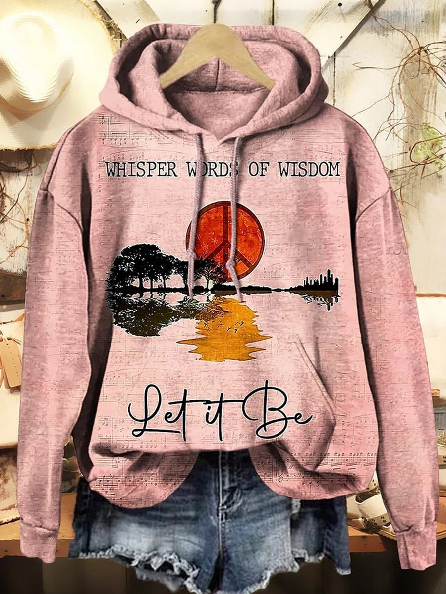 Let It Be Graphic with Sun and Tree Print-Cozy Vintage Hooded Long Sleeve Sweatshirt