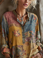 Vintage Floral Print Lapel Long Sleeve Loose Casual Blouse