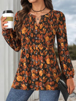 Classic Floral Print V-neck Buttons Long Sleeve Casual Tunic Blouse
