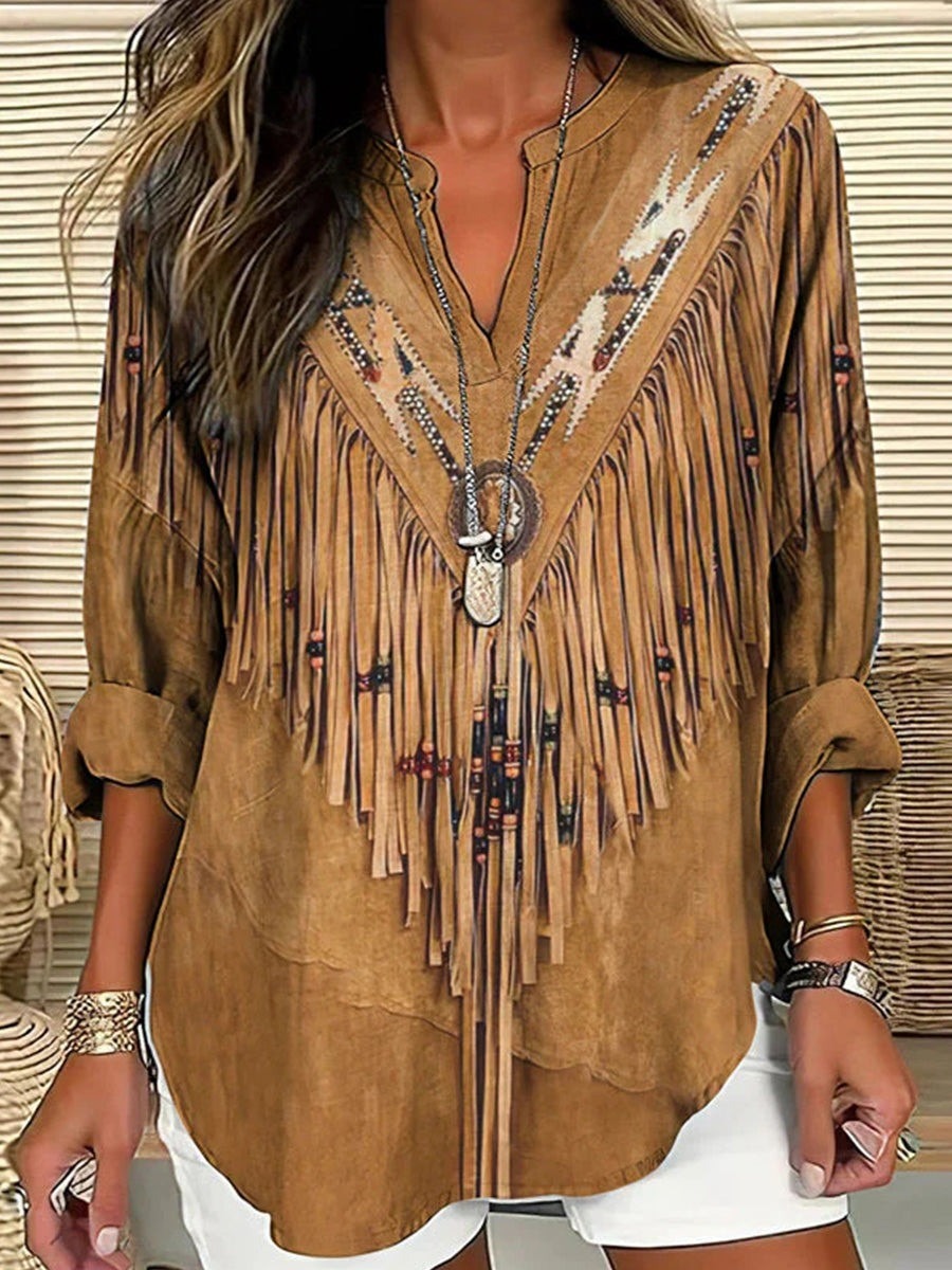 Vintage Ethnic Print Tassel V-neck Long Sleeve Loose Comfy Blouse