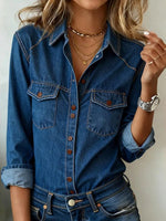 Chic Plain Shirt Collar Buttons Long Sleeve Casual Denim Shirt