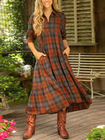 Orange Classic Plaid Collared Half Sleeve Casual Comfy Midi Dress