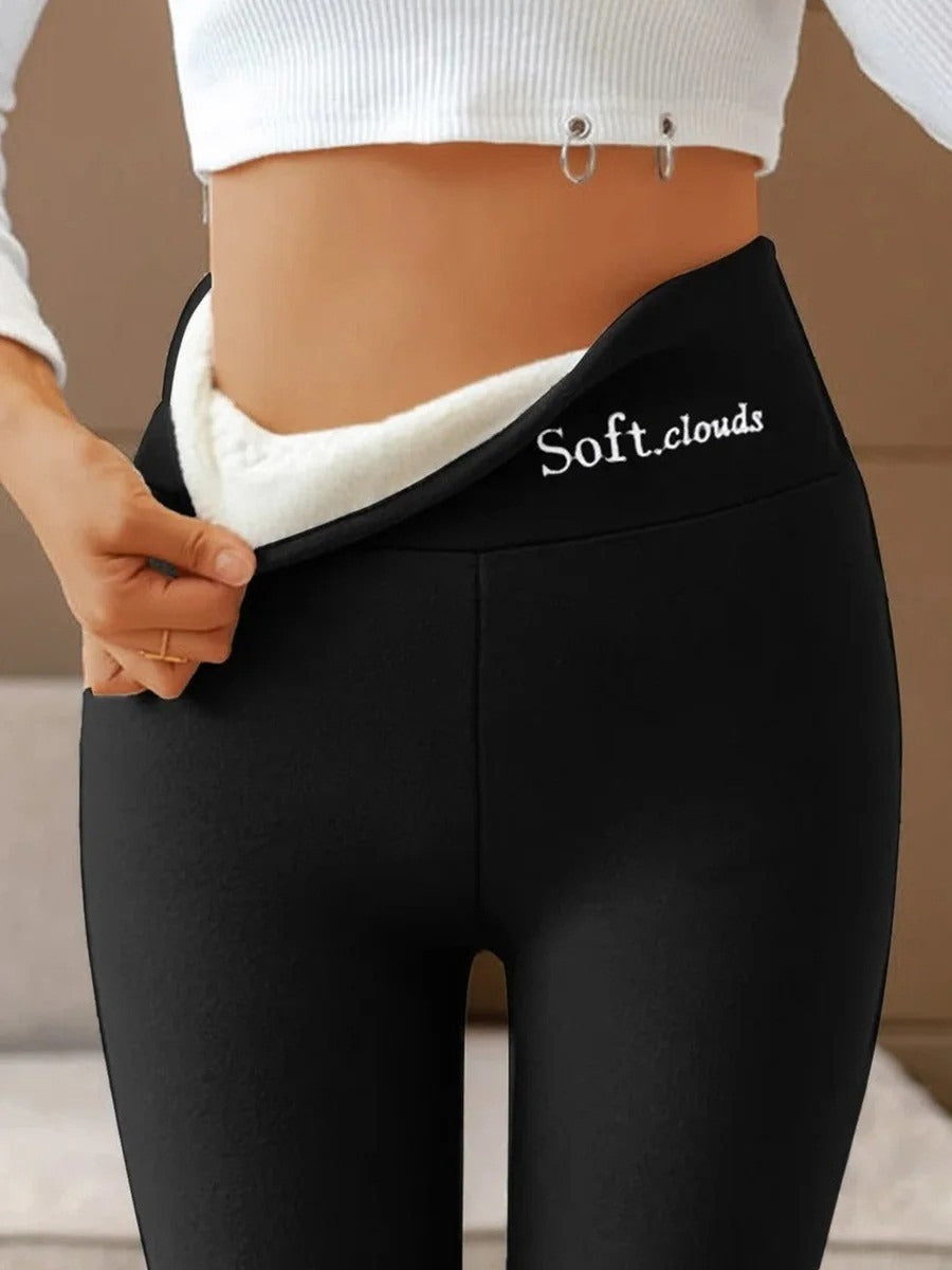Plain Soft Fleece-Lined High Waist Warm Leggings-Cozy Winter Thermal Pants