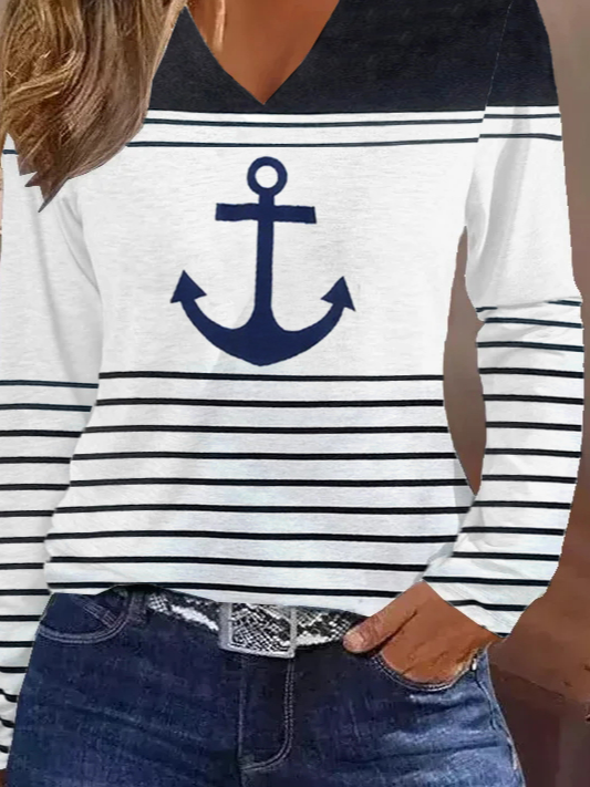 Nautical Anchor Print Striped V-Neck Long Sleeve Casual T-Shirt