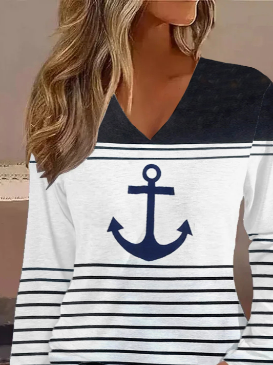 Nautical Anchor Print Striped V-Neck Long Sleeve Casual T-Shirt