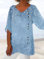 Solid Paneled V Neck Floral Print 3/4 Sleeve Shirts
