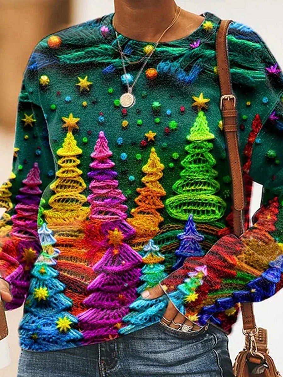 Colorful Christmas Tree Art Pattern Crew Neck Long Sleeve Casual Loose Sweatshirt