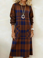 Classic Brown Check Round Neck Long Sleeve Pocket Casual Midi Dress